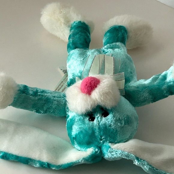 Dan Dee Teal Plush Bunny Rabbit Pink Nose & Bow Flopy Ear 11" Stuffed Animal Toy - Picture 6 of 11